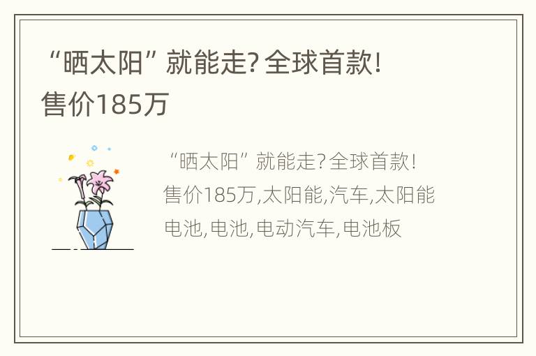 “晒太阳”就能走？全球首款！售价185万