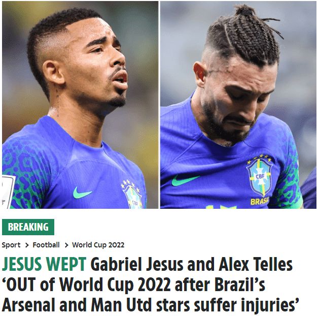 巴西伤兵满营!内马尔还没好 热苏斯特莱斯告别世界杯