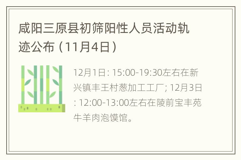 咸阳三原县初筛阳性人员活动轨迹公布（11月4日）