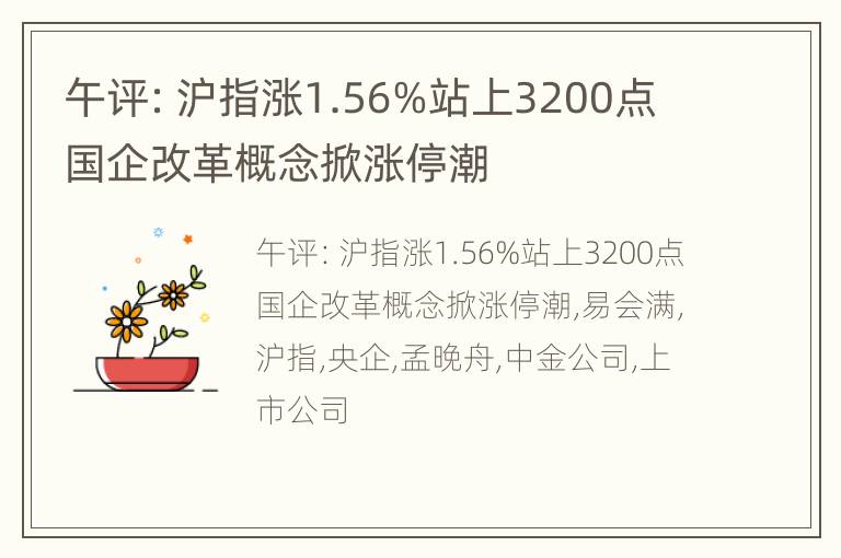 午评：沪指涨1.56%站上3200点 国企改革概念掀涨停潮