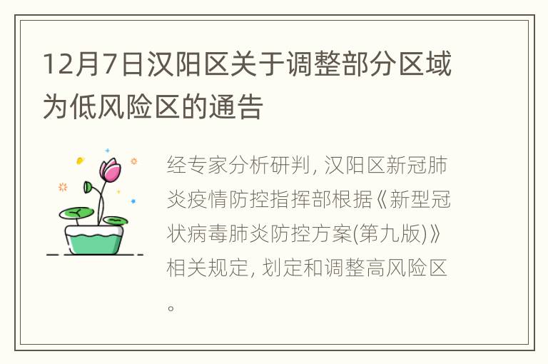 12月7日汉阳区关于调整部分区域为低风险区的通告