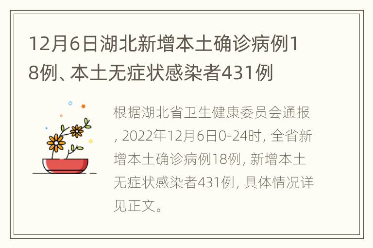 12月6日湖北新增本土确诊病例18例、本土无症状感染者431例