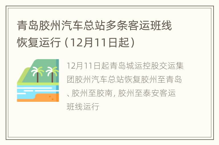 青岛胶州汽车总站多条客运班线恢复运行（12月11日起）