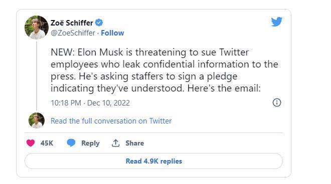 马斯克再给推特员工下“最后通牒”：泄密者将被起诉