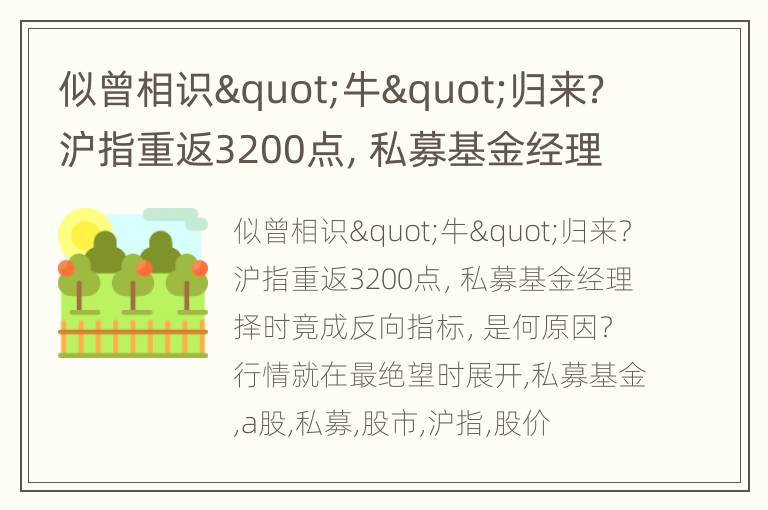 似曾相识"牛"归来？沪指重返3200点，私募基金经理择时竟成反向指标，是何原因？行情就在最绝望时展开