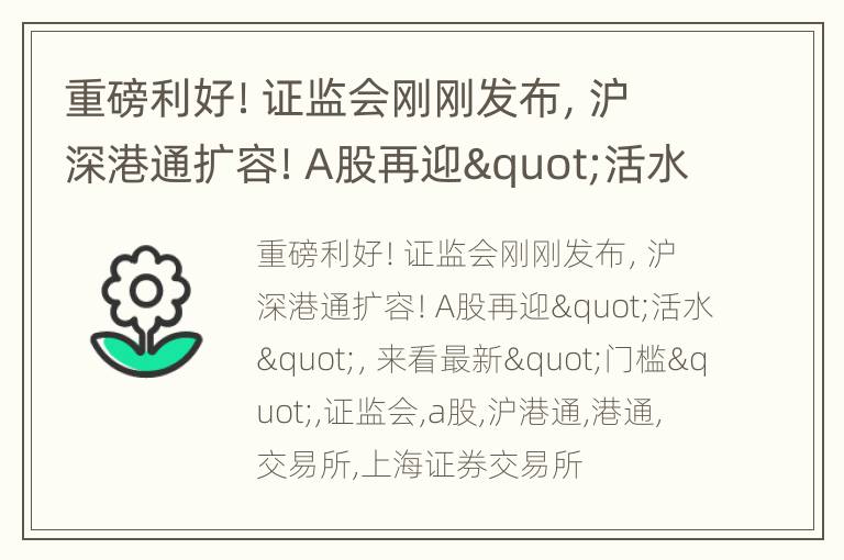 重磅利好！证监会刚刚发布，沪深港通扩容！A股再迎"活水"，来看最新"门槛"