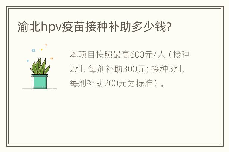 渝北hpv疫苗接种补助多少钱？