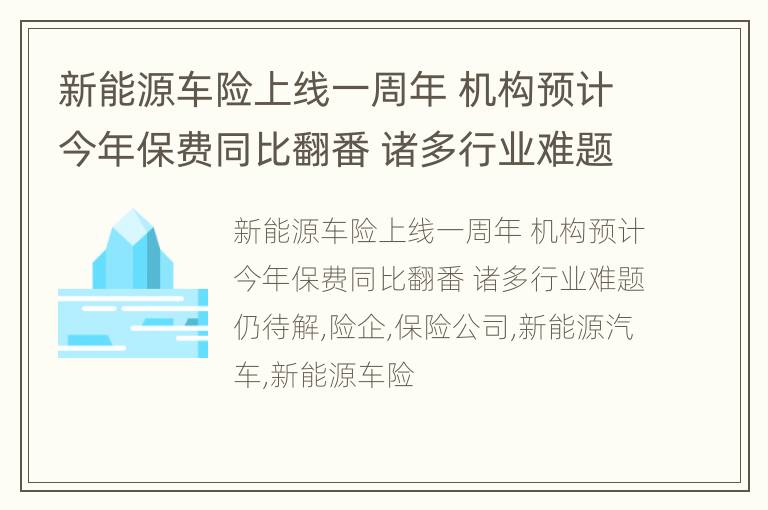 新能源车险上线一周年 机构预计今年保费同比翻番 诸多行业难题仍待解