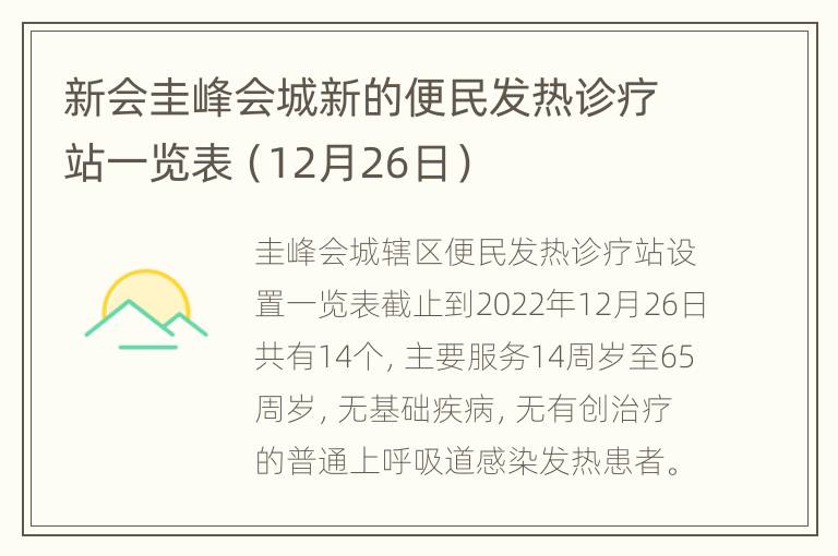 新会圭峰会城新的便民发热诊疗站一览表（12月26日）