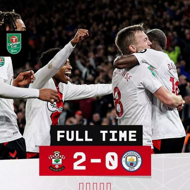 联赛杯-马拉建功杰内波吊射破门 曼城客场0-2南安普顿爆冷出局