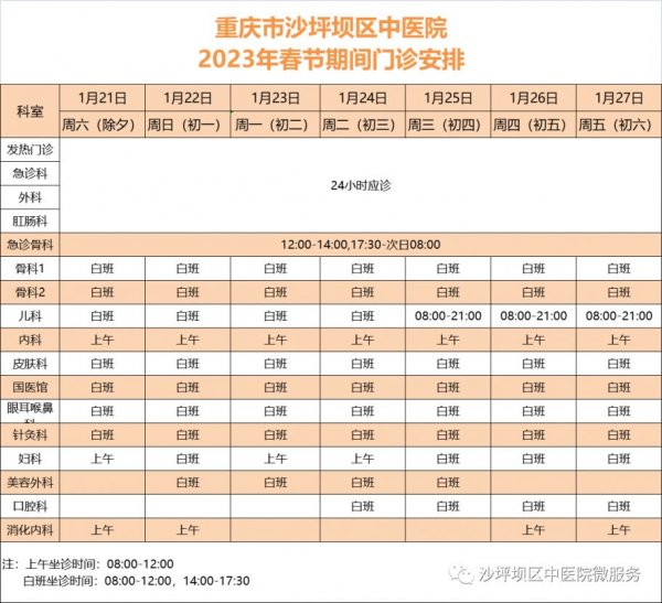 2023年春节重庆市沙坪坝区中医院门诊时间安排
