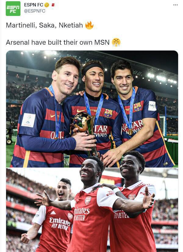 ESPN:马丁内利+萨卡+恩凯提亚,阿森纳有了自己的MSN组合