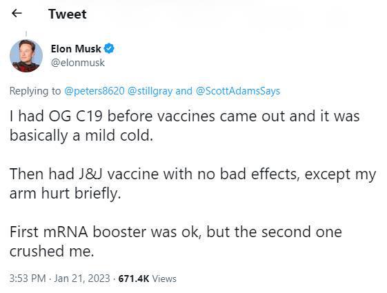马斯克自曝注射mRNA加强针后产生严重副作用